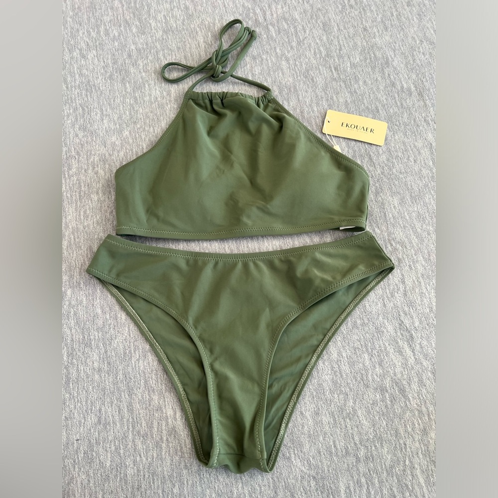 Ekouaer‎ 2 piece halter bikini women’s M sage green high cut brief solid travel